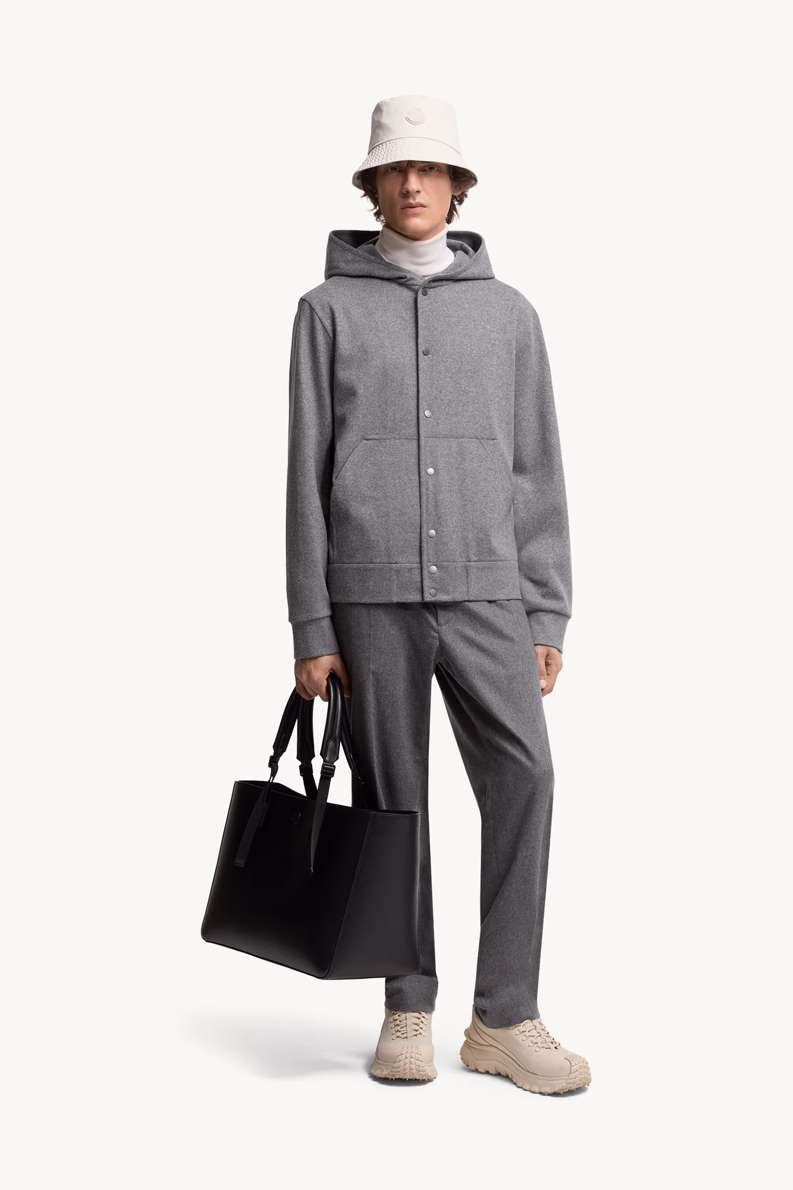 Wool Blend Zip-Up Hoodie Men Grey Moncler 0